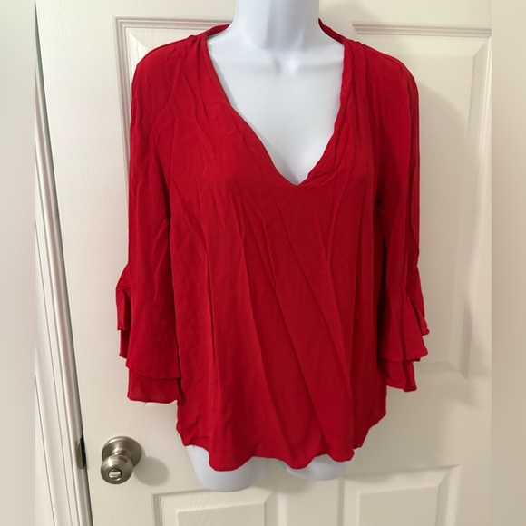 Zara Tops - Zara Woman Red v-neck Blouse Size lg Layered Bell Ruffle Sleeves